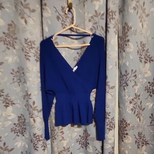 Women's Blue V-Neck Peplum Wrap Top